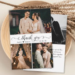 Cartão De Agradecimento Colagem de Fotos de Casamento de Script Manuscrito<br><div class="desc">Cartões de agradecimentos De Colagem Foto De Casamento Moderno, Elegante E Impressionante. modelo de cartões de agradecimentos de casamento com três (3) fotos na frente e uma (1) fotos no verso. Com o texto "obrigado você" em uma letra escrita tipografia escrita escrita com letra suavemente cursiva e escrita a preto...</div>