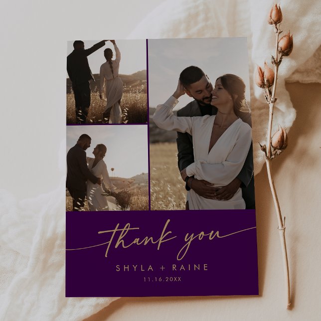 Cartão De Agradecimento Colagem de Fotos de Casamento Dourado e Púrpura Bo (Boho Chic Gold and Purple Wedding Photo Collage Thank You Card)
