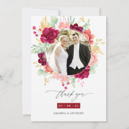 Cartão De Agradecimento Colagem de Fotos de Casamento Floral de Borgonha e