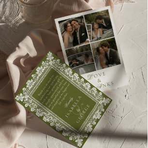 Cartão De Agradecimento Colagem de Fotos de Casamento Old Money em Verde O