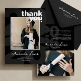 Cartão De Agradecimento Colagem de Fotos de Formatura Preto Minimalista Mo