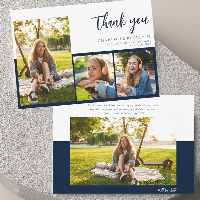 Cartão De Agradecimento Colagem de Fotos de Formatura Rótulo Moderno Gradu (Graduation Photo Collage Modern Script Graduate Thank You Card)