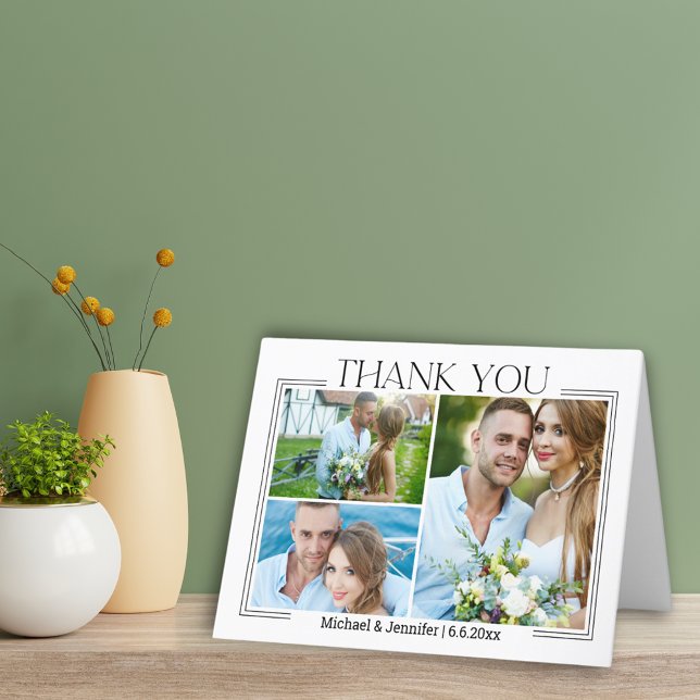 Cartão De Agradecimento colagem de fotos do casamento elegante e mínima (Criador carregado)