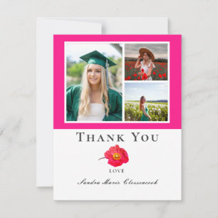 Cartão De Agradecimento Colagem de Fotos Floral Rosa de Formatura Chic