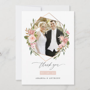 Cartão De Agradecimento Colagem de Fotos Geométricas de Casamento de rosa 