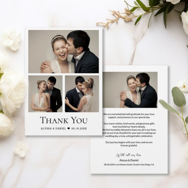 Cartão De Agradecimento Colagem de Fotos Simples de Casamento Moderno do C (Timeless, Simple, Chic Wedding thank you photo grid cards.)