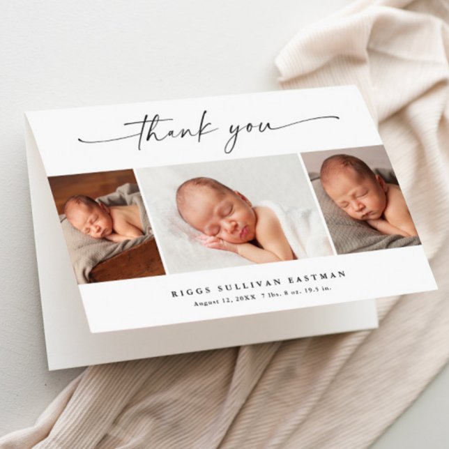 Cartão De Agradecimento Colagem de Fotos Simples Script 3 Bebê (Elegant modern script 3 photo collage baby photo thank you card.)