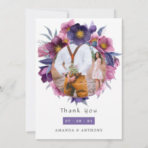 Cartão De Agradecimento Colagem Floral de Noiva em Aquarela Violeta Ameixa