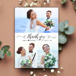 Cartão De Agradecimento Colagem Fotográfica de Casamento 3 de Script de Ca<br><div class="desc">Moderno, Elegante, Mão Suave Que Leve 3 Fotografias De Cartões de agradecimentos De Colagem. modelo de cartões de agradecimentos de casamento com três (3) fotos na frente e uma (1) fotos no verso. Com o texto "obrigado você" em uma letra de escrita escrita escrita caligráfica ou tipografia, robusta e cursiva,...</div>