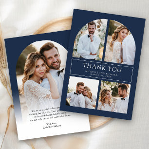 Cartão De Agradecimento Colagem Fotográfico de Casamento em Azul Naval Mod