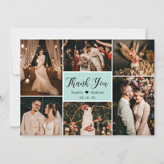 Cartão De Agradecimento Colagem Multifotográfica de Casamento Aqua Script  (Frente)