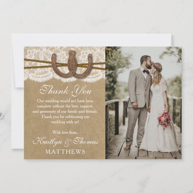 Cartão De Agradecimento Coleção de Casamentos Kraft, Lace & Horsferradura (Frente)