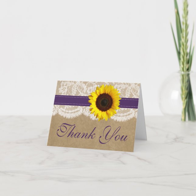 Cartão De Agradecimento Coleção Kraft, Lace & Sunflower - Roxo (Frente)