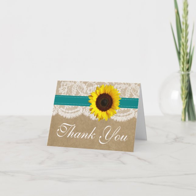 Cartão De Agradecimento Coleção Kraft, Lace & Sunflower - Teal (Frente)