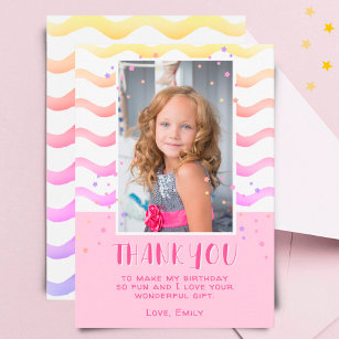Cartão De Agradecimento Colorful Pink Stars Birthday Kids Girl Photo