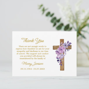 Cartão de agradecimento com flor violeta e cruz de