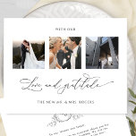 Cartão De Agradecimento Com Foto de Casamento de Monograma com Amor e Grat<br><div class="desc">Obrigado seus convidados com este elegante cartões de agradecimentos de casamento com três fotos de colagem de fotos! Cheio branco e preto, limpo e simples, de elegância e graça. Frase "com amor e gratidão" na caligrafia escrita à mão moderna. Voltar com um monograma desenhado com a mão elegante com iniciais...</div>