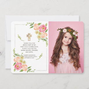 Cartão De Agradecimento Comunhão de Fotos Floral de Watercolor Obrigado