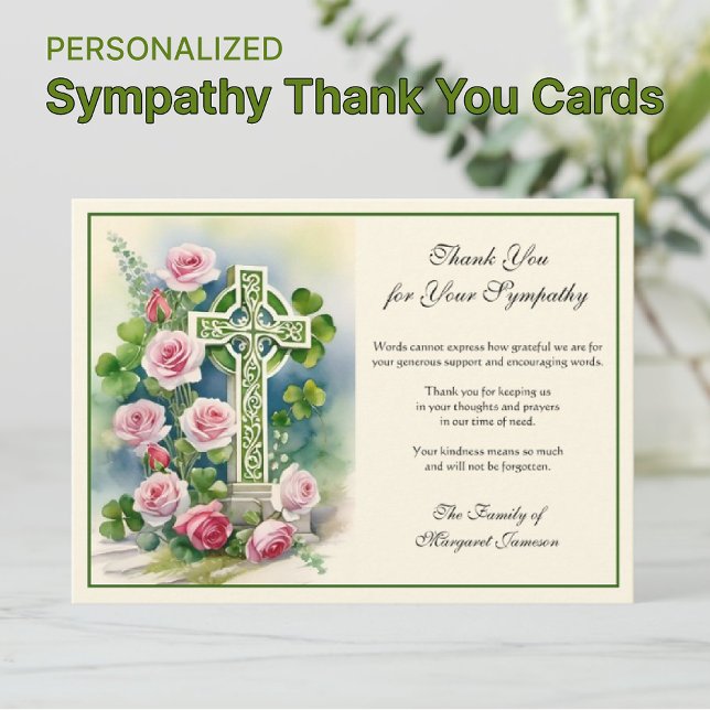 Cartão De Agradecimento Condolência pela cruz celta irlandesa (Irish Celtic Cross with pink roses sympathy condolence thank you cards)