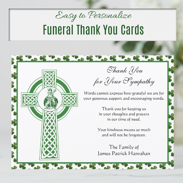Cartão De Agradecimento Condolências Católicas Ruas Irlandesas Patrick Sha (Irish Celtic Cross and St. Patrick Funeral Thank you cards)