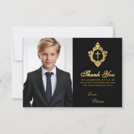 Cartão De Agradecimento Confirmação de Foto Dourada de Menino Elegante Pre