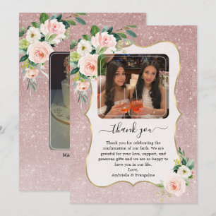 Cartão De Agradecimento Confirmação de Foto Dourada Floral Branca Elegante