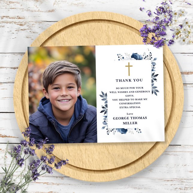 Cartão De Agradecimento Confirmação de Foto Floral Elegante Azul-marinho (Navy Blue Elegant Floral Photo Confirmation Thank You Card)