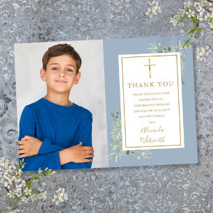 Cartão De Agradecimento Confirmação de Foto Floral em Azul Desbotado e Ver