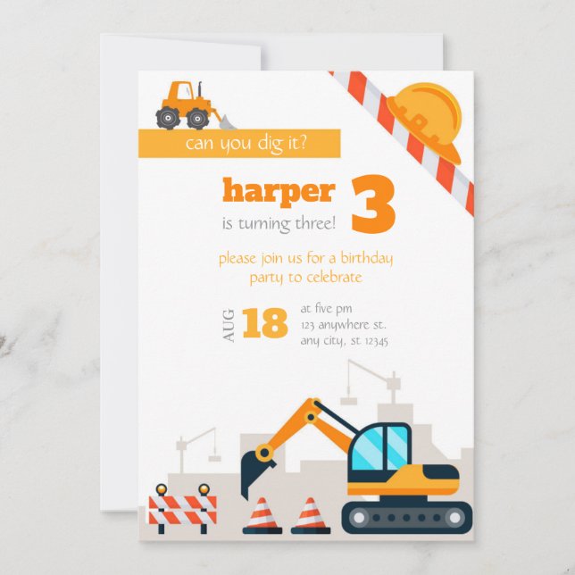 Cartão De Agradecimento Construction birthday invitation template bday (Frente)