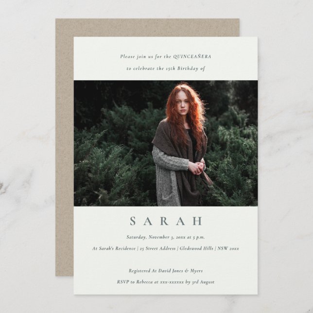 Cartão De Agradecimento Convidado Simples de Foto Branca Quinceañera (Frente/Verso)