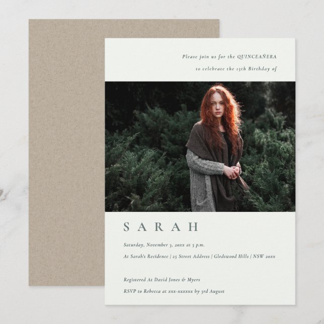 Cartão De Agradecimento Convidado Simples de Foto Branca Quinceañera (Frente/Verso)