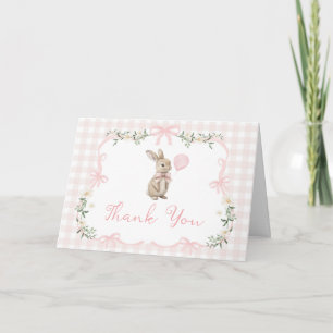 Cartão De Agradecimento Coquete Bunny Primavera em Xadrez Rosa 1º Aniversá