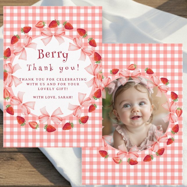 Cartão De Agradecimento Coquette Berry First Birthday Red Gingham Photo (Coquette Berry First Birthday Red Gingham Photo Thank You Card)