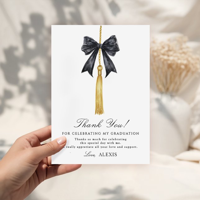 Cartão De Agradecimento Coquette Black Bow on Tassel Graduation  (Criador carregado)