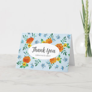 Cartão De Agradecimento Cor de Água Coca Laranja Marigold Flores Azul Clar
