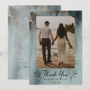 Cartão De Agradecimento Cor de Água Oceânica Moderna com Foto Dourada