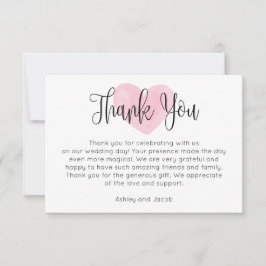 Cartão De Agradecimento Coração com rubor rosa em aquarela. Casamento com