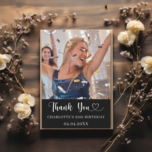 Cartão De Agradecimento Coração de fotos preto e branco de aniversário (Criador carregado)