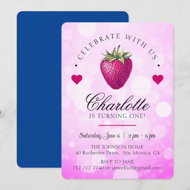 Cartão De Agradecimento Coração de Morango Garota de Aniversário Rosa (Frente/Verso)