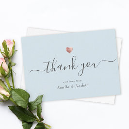 Cartão De Agradecimento Coração Dourada Rosa de Script Moderno Azul-Chic