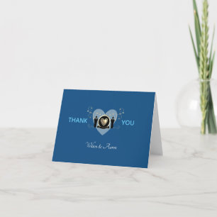 Cartão De Agradecimento Coração Dourado Masculino Casamento Clássico Azul
