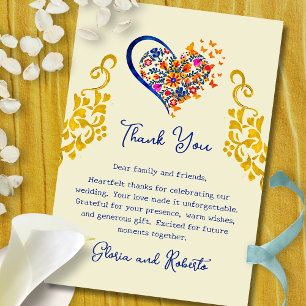 Cartão De Agradecimento Coração Floral Barroco e Dourado Casamento Mexican