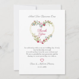 Cartão De Agradecimento Coração Floral de Aquarela com Folhas em Rosa e Ve
