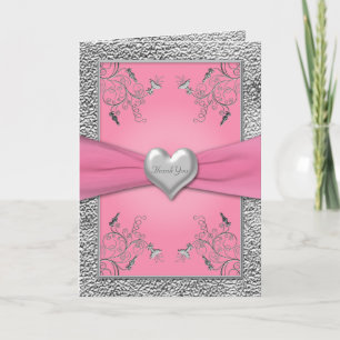 Cartão de Agradecimento Coração Rosa e Pewter