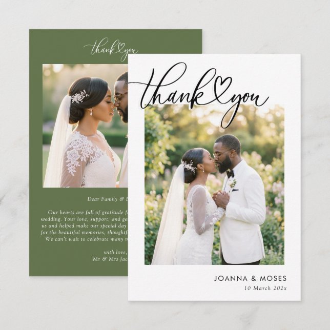 Cartão De Agradecimento Coração Script Moderno Foto Casamento (Frente/Verso)