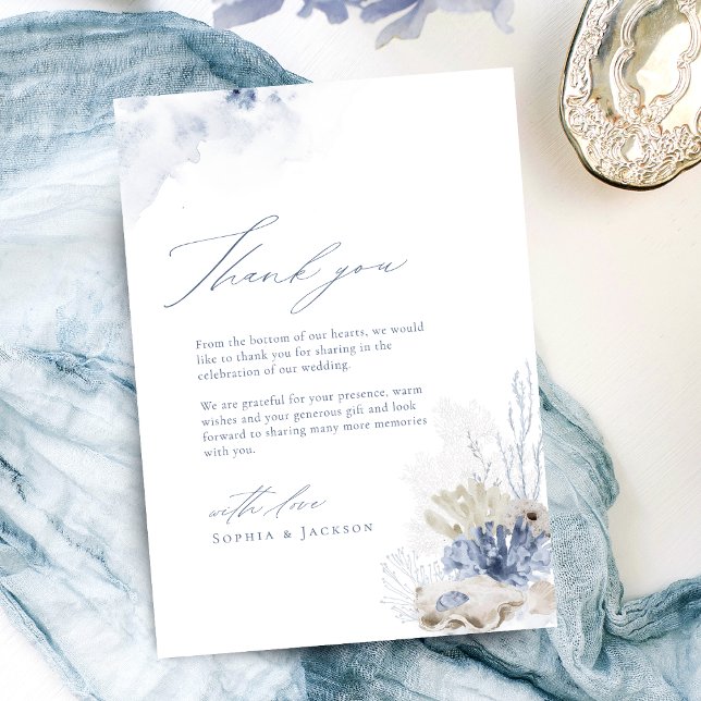 Cartão De Agradecimento Coral azul e conchas marinhas praia tema Obrigado (Blue coral & seashells beach themed Thank You)