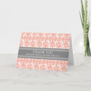 Cartão De Agradecimento Coral Gray Damask Bridal Shower Thank You Card