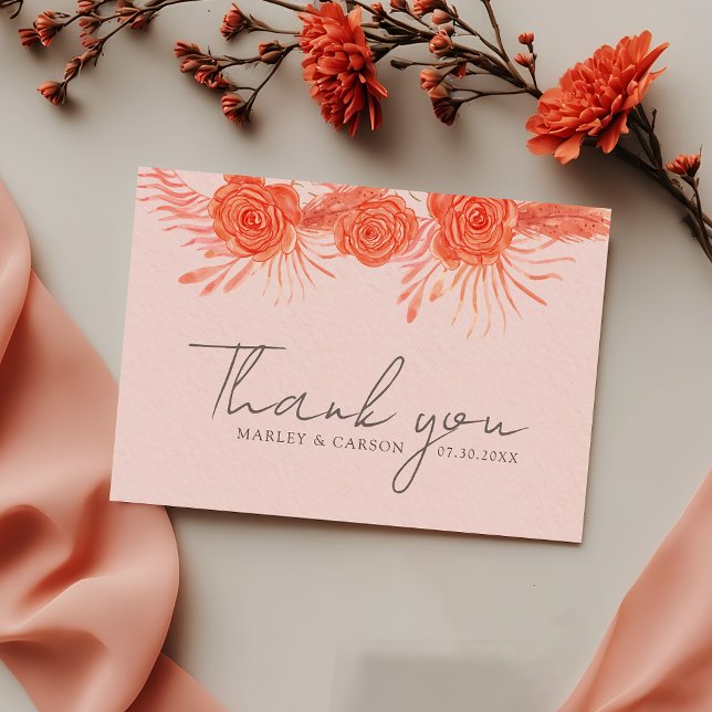 Cartão De Agradecimento Coral Pink Orange Floral Script Wedding (Criador carregado)