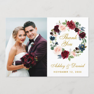 Cartão De Agradecimento Coroa de Casamento Floral Burgundy Azul Dourado Ob