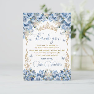 Cartão De Agradecimento Coroa de Quinceañera Azul Bebê Real Elegante Doura